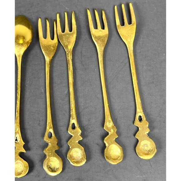 Brass Demitasse Coffee Spoon Dessert Salad Fork Gold Tone Rose Handle Set 4 VTG - Picture 11 of 13